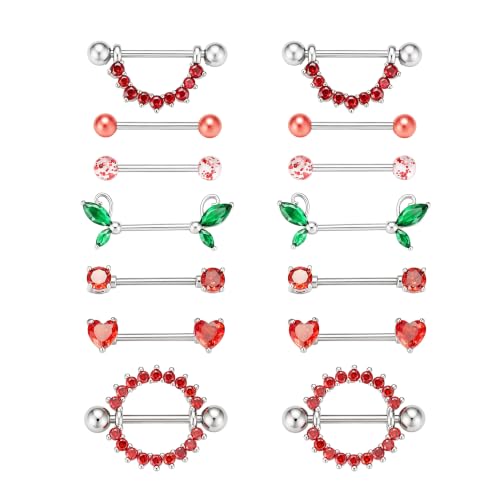 G&O JFU 7 Pairs 14G Nipple Rings Set – Stainless Steel Straight Barbell with CZ Stones, Gold Plated & Silver Tone, Butterfly Back Pink Nipple Piercing Jewelry for Women - color: Silver Red Nipple Piercing Jewelry
