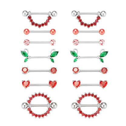 G&O JFU 7 Pairs 14G Nipple Rings Set – Stainless Steel Straight Barbell with CZ Stones, Gold Plated & Silver Tone, Butterfly Back Pink Nipple Piercing Jewelry for Women - color: Silver Red Nipple Piercing Jewelry