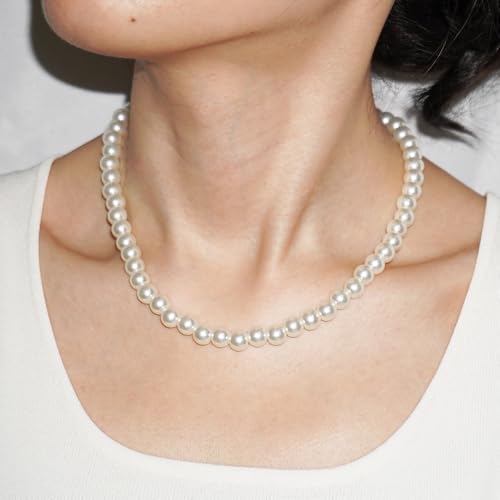 Pearl Necklace for Women, 4/6/8/10mm White Imitation Pearl Necklace, Round Faux Glass Pearl Necklace, Pearl Choker Necklace, Elegant Wedding Parties Necklace - color: Diameter of Pearl 8mm