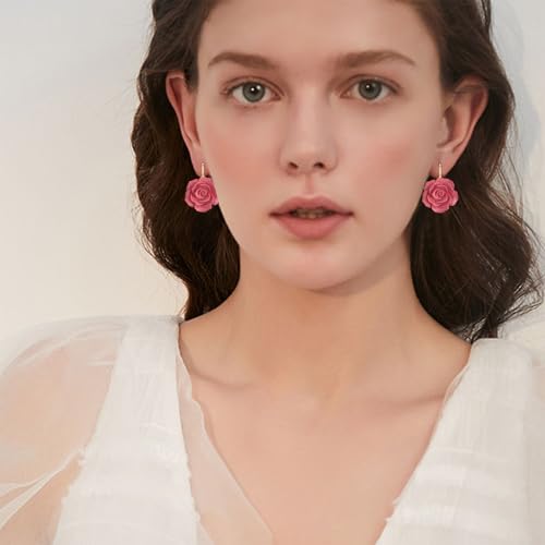 Handmade Bohemian Aesthetic Dainty Acrylic Flower Petal Leverback Earrings Sparkly 14K Gold Floral Dangle Drop Earrings for Women - color: Dark Pink