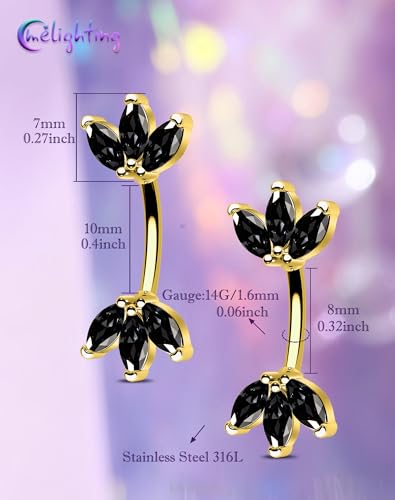 Melighting 14G Gold Lotus Belly Button Ring, Double CZ Navel Ring 316L Surgical Stainless Steel Marquise 5A CZ Steel Belly Bar 8 mm/10 mm - color: Gold Black, size: 14g10mm