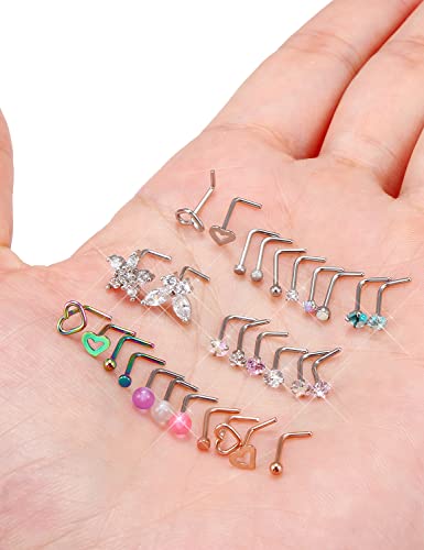 Prjndjw 20G 18G Nose Rings Studs Surgical Steel Nose Stud Glow Dark Heart Opal CZ Flower Nose Piercing Jewelry Nose Rings for Women Straight Screw L Shaped Nose Rings Hypoallergenic Nose Piercing Kit - color: 20G-L Shape nose rings