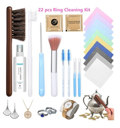 Ring Cleaning Kit,Professional Jewelry Cleaning Kit with Brushes,Spray & Cloths for Jewelry,Watches & Precious Metals,22-Piece All-in-One Home Cleaning Set
