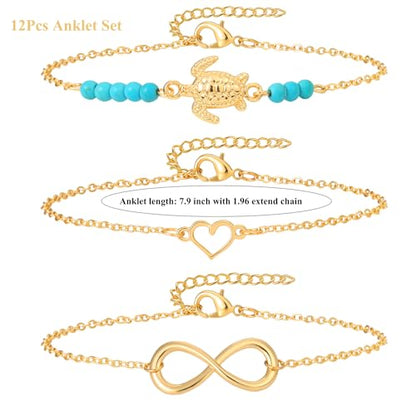 Starain 12Pcs Summer Beach Anklets for Women Waterproof Gold Silver Chain Ankle Bracelets Cute Women's Foot Anklet Set 7.9-10.5 inch Adjustable - color: 12Pcs Gold Anklets