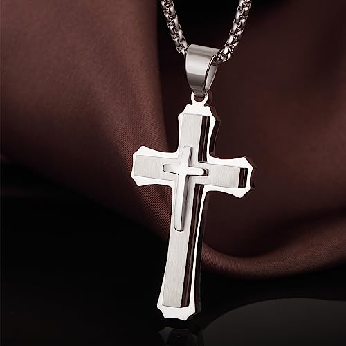 Men's Cross Necklace 316L Stainless Steel Large Heavy Cross Pendant for Men Polished Jewelry Rolo Chain with 22'' 24'' 26'' - color: A-white, size: 24 inch