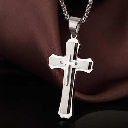 Men's Cross Necklace 316L Stainless Steel Large Heavy Cross Pendant for Men Polished Jewelry Rolo Chain with 22'' 24'' 26'' - color: A-white, size: 26 inch