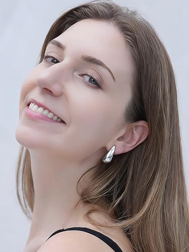 FAN&LOUIS Gold and Silver Clip On Earrings for Women, Chunky Huggie Teardrop Clip-on for Non Pierced Ears - style: Silver