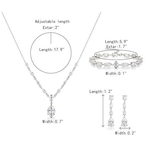 Teardrop Marquise Cubic Zirconia Wedding Prom Jewelry Set for Women Bridal | Silver/Gold/Rose Gold Plated, Pear Cut Pendant Necklace Drop Earrings Link Bracelet, for Bride Bridesmaid, for Banquet Party - style: B_Three Set, Silver (Teardrop)