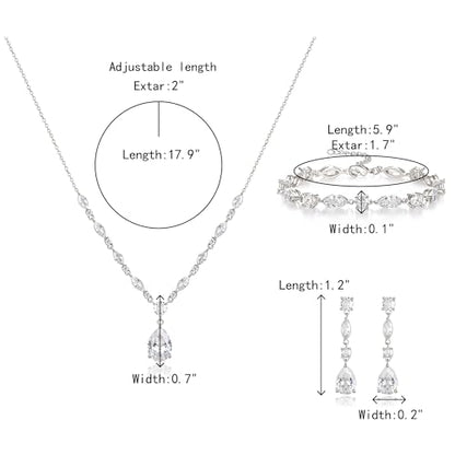 Teardrop Marquise Cubic Zirconia Wedding Prom Jewelry Set for Women Bridal | Silver/Gold/Rose Gold Plated, Pear Cut Pendant Necklace Drop Earrings Link Bracelet, for Bride Bridesmaid, for Banquet Party - style: B_Three Set, Silver (Teardrop)