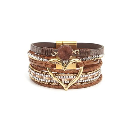 Fuqimanman2020 Heart Leather Wrap Bracelets Boho Stackable Cuff Bangles Resin Stone Rhinestone Bracelets with Clasp Christmas Jewelry Gift for Women - color: Coffee