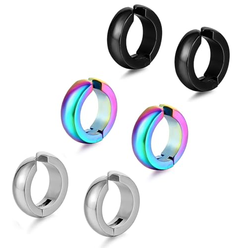 SIISPRI Stainless Steel Mens Womens Clip On Earrings Hoop Huggie Non-Piercing - color: 3-Color Set(Black, Rainbow, Silver)