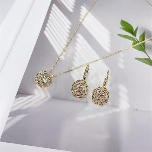 Rose Flower Jewelry Sets for Women Dainty Blooming Filigree Flower Austrian Crystal Choker Necklace Earring Set for Wedding Valentine Fashion Jewelry for Brides Bridesmai - color: Gold
