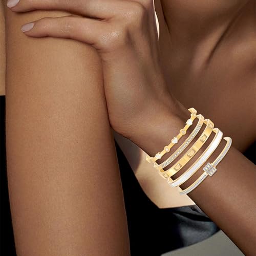 Camhanno Pink Heart Bangle Bracelets for Women - 18K Gold Plated Stackable Stainless Steel, Friendship & Love Jewelry Gift for Her - color: White