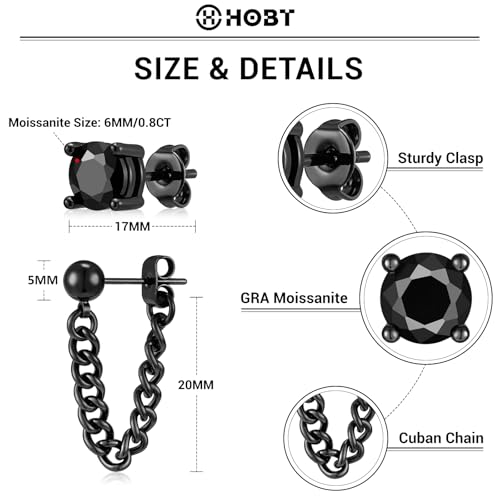 Black Moissanite Stud Earrings for Men Women with Dangling Cuban Links Hypoallergenic Punk Hoop Earrings Mens Jewelry Gifts - color: C- 1.6 carats-(0.8ct*2)-6mm Round Moissanite Studs ‌&‌ 5mm Bead Chain Hoops