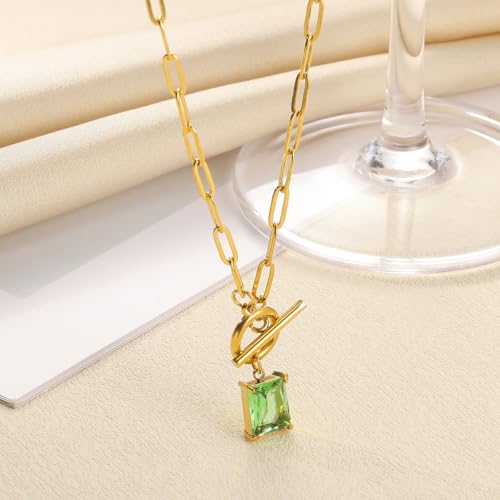 Diamond Necklaces for Women Natural Stone Paperclip Toggle Necklace 14K Gold Plated Emerald Birthstone Necklace for Women Paper Clip Chain Blue Green Cubic Zirconia Pendant Birthday Gifts for Women Mother Jewelry - color: 08. August(Peridot)