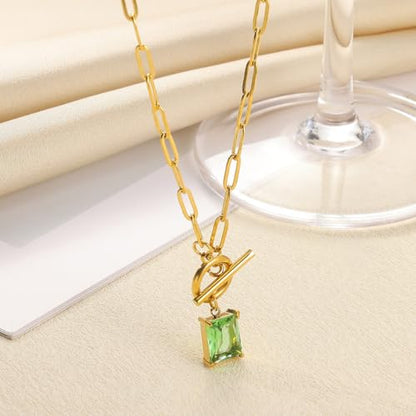 Diamond Necklaces for Women Natural Stone Paperclip Toggle Necklace 14K Gold Plated Emerald Birthstone Necklace for Women Paper Clip Chain Blue Green Cubic Zirconia Pendant Birthday Gifts for Women Mother Jewelry - color: 08. August(Peridot)