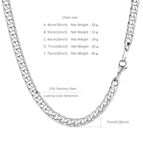 Necklace for Men Stainless Steel Statement Cuban Chain Necklace Gold/Silver/Black Plated 7mm Chain Hip Hop Jewelry 18/20/22/24/26/28/30 Inch - color: 7mm-Silver Cuban Chain, size: Length 18 Inch