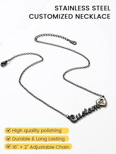 GoldChic JEWELRY Name Necklace Personalized for Men, Womens Custom Name Plate Chain, Stainless Steel Customized Old English Nameplate Choker with Curb Chains Custom, 16 inches to 30 inches - color: Photo & Rolo Chain 1.8 mm -Black