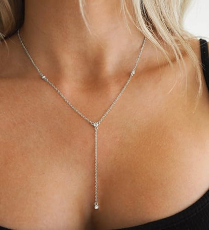 Dainty Gold Necklace for Women, Cute Long Necklace 14K Gold Plated CZ Lips Bead Y Shaped Lariat Necklace Simple Gold Choker Necklace Aesthetic Drop Necklace Trendy Gold Jewelry for Women - color: Silver Six Drop