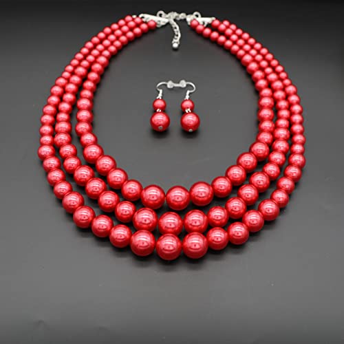 Chunky Layered Imitation Pearl Necklace for Women 3 strand Pearl Necklaces Faux Pearl Necklace Earrings Set 1920s Flapper Gatsby Costume Accessories - color: 3 strand pearl necklace Red