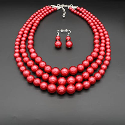 Chunky Layered Imitation Pearl Necklace for Women 3 strand Pearl Necklaces Faux Pearl Necklace Earrings Set 1920s Flapper Gatsby Costume Accessories - color: 3 strand pearl necklace Red