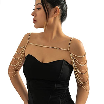 Summer Beach Punk Shoulder Body Chain Multi-Layered Back Chain Bikini Metal Tassel Arm Chain Statement Bridal Wedding Backdrop Necklace Body Chain Jewelry for Women - color: Gold