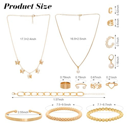 54 Pcs Gold Jewelry Set for Women Multi Layered Necklace Knuckle Rings Stackable Bracelets Dainty Ear Clips Fashion Jewelry set Anniversary Birthday Valentine Gifts for Women Girls
