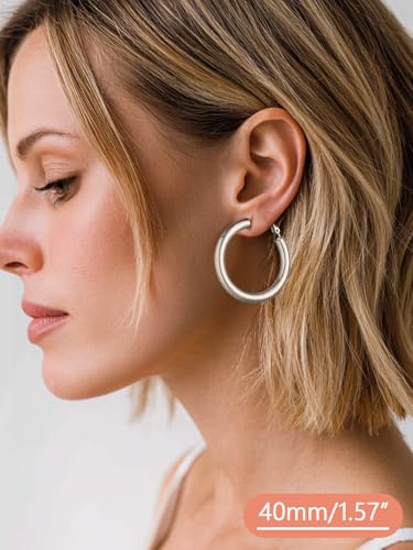 FaithHeart Silver/Black/Gold Stainless Steel Chunky Hoop Earrings for Women | Hypoallergenic Lightweight Hoop Earrings, Trendy Statement Thick Hoop, 20/30/40/50/60/70/80mm - color: Silver, size: 40mm