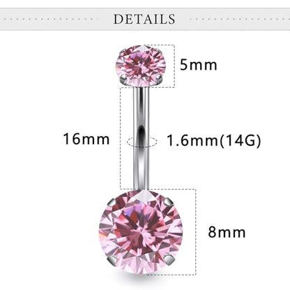 Belly Button Rings Surgical Steel Internally Threaded Belly Button Ring 10MM/12MM/14MM/16MM Navel Rings for Women Clear CZ 14G Long Bar Navel Piercing Jewelry - color: pink, size: 16mm bar length