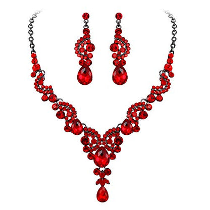 EVER FAITH Rhinestone Crystal Bridal Floral Wave Teardrop Necklace Earrings Set - color: 2pcs_Red Black-Tone