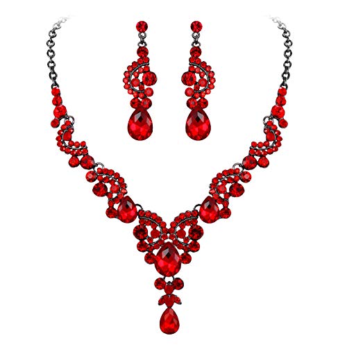 EVER FAITH Rhinestone Crystal Bridal Floral Wave Teardrop Necklace Earrings Set - color: 2pcs_Red Black-Tone