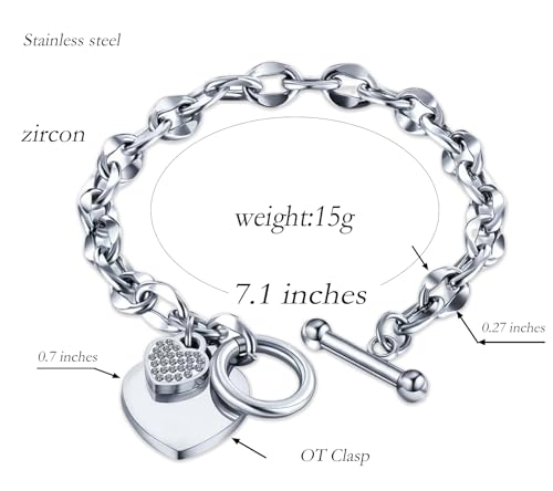 Heart Charm Bracelet Plated 18K Gold/Silver/Rose Gold Bible Scripture Heart Bracelet for Women Jewelry Gift Zircon Her Link Chain OT Clasp Stainless Steel Birthday - color: Silver-Zircon, size: 7.1 inch