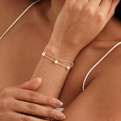 Pearl Bracelets for Women, 14k Gold Plated Dainty Beaded Bracelets Stack Link Chain Charm Bracelets Set Layered Tiny Jewelry for Women Christmas Gifts - style: GD-1