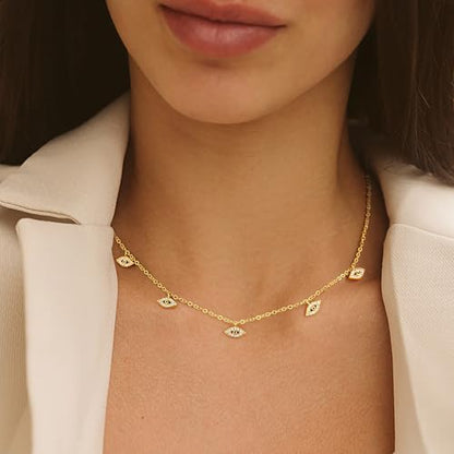 Ursteel 14K-Gold-Plated Necklace for Women Girls, Cute Daisy Pearl Necklace for Girls Clover Butterfly Cubic Zirconia Flower Evil Eye Station Necklaces for Women Teen Girl Gifts - color: Evil Eye Zircon