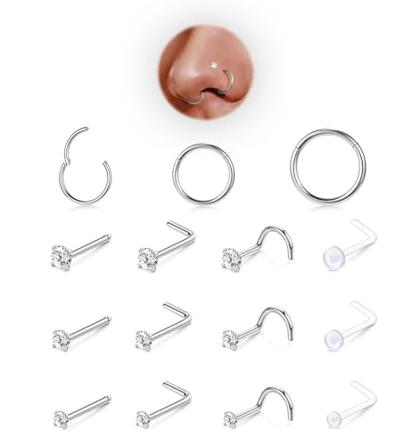 15PCS 14K Gold Plated Nose Rings Studs Set for New Piercing Beginners - color: Silver-3PCS Nose Rings & 12PCS Nose Studs
