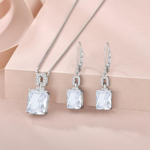 Emerald Cut Birthstone Necklace for Women 925 Sterling Silver | Baguette Birthstone Pendant Necklace, Jewelry for Mom Wife - color: White