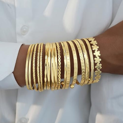 FAXHION Gold Bangle Bracelets for Women, 14 Pcs Multi Layer Stackable Bangle Set, 14K Gold Plated Textured Chunky Bracelets Boho Jewelrys Set - style: Gold B-17 pcs
