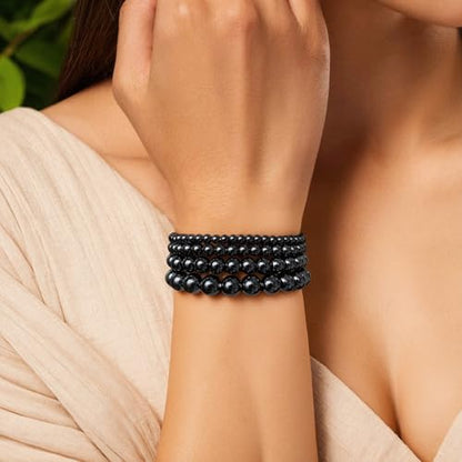 Vinswet 4pcs Beaded Bracelets for Women,Natural Healing Crystal Gemstones Bracelet,Anxiety Stress Relief Bracelet Handmade purple Jewelry Gifts for Women - color: Black Obsidia