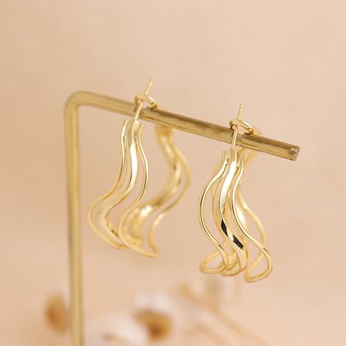 Chunky Large Gold Puffy Open Hoop Earrings for Women,Trendy Statement Big Minimalist Wavy Huggie Earing Prom Jewelry Gift - color: Triple