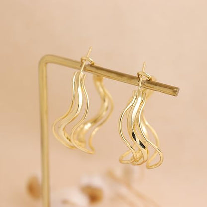Chunky Large Gold Puffy Open Hoop Earrings for Women,Trendy Statement Big Minimalist Wavy Huggie Earing Prom Jewelry Gift - color: Triple