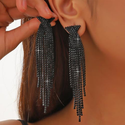 Rhinestone Earrings Prom Earrings for Women Sparkly Long Tassel Chandelier Drop Statement Earring Jewerly Gifts Wedding Party Prom Dresses Accessories - color: B2:black