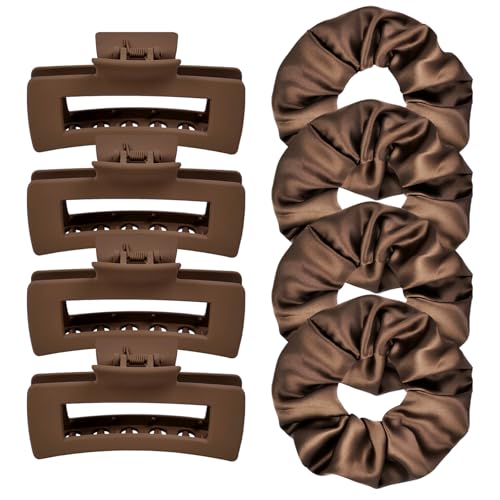 8pcs Hair Claw Clips and Scrunchies Set – Square Hair Clips for Women, Medium Non-Slip Matte, Large Satin Scrunchies, Hair Accessories for Thick Thin Hair, Party, Daily Use – Coffee - color: Mocha Brown Shades