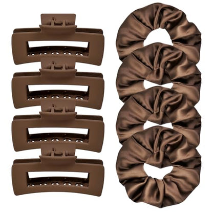 8pcs Hair Claw Clips and Scrunchies Set – Square Hair Clips for Women, Medium Non-Slip Matte, Large Satin Scrunchies, Hair Accessories for Thick Thin Hair, Party, Daily Use – Coffee - color: Mocha Brown Shades