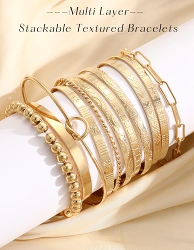 YEEZII 56 Pcs Gold Jewelry Set for Women with 5Pcs Layered Necklace, 5Pcs Layered Necklace, 12 Bracelets, 4 Hoop Earrings, 8 Stackable Rings, 10 hairpins, 12 Studs Earrings Jewerly set for Women - color: Gold-B