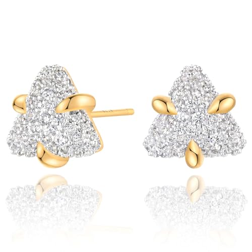 MEVECCO Pave Cubic Zirconia Stud Earrings for Women, 18K Gold Plated Brass | Pave CZ Fronts, Curved Gold Plated Edge Accents, Soft Motifs and Clean Geometric Styles - style: triangle