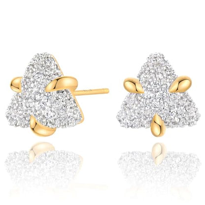 MEVECCO Pave Cubic Zirconia Stud Earrings for Women, 18K Gold Plated Brass | Pave CZ Fronts, Curved Gold Plated Edge Accents, Soft Motifs and Clean Geometric Styles - style: triangle