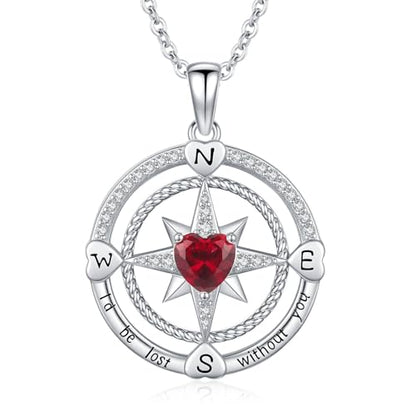 Compass Birthstone Necklace for Women S925 Sterling Silver with Cubic Zirconia - Birthday Jewelry gift for her, Girlfriend, Wife, Mom on Birthday, Anniversary - color: 07 - Ruby