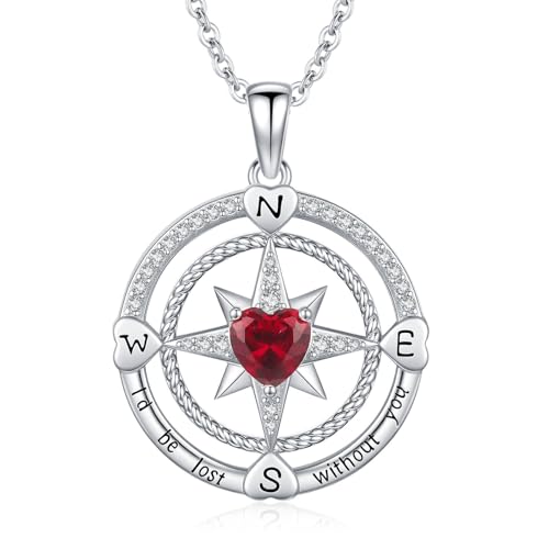Compass Birthstone Necklace for Women S925 Sterling Silver with Cubic Zirconia - Birthday Jewelry gift for her, Girlfriend, Wife, Mom on Birthday, Anniversary - color: 07 - Ruby