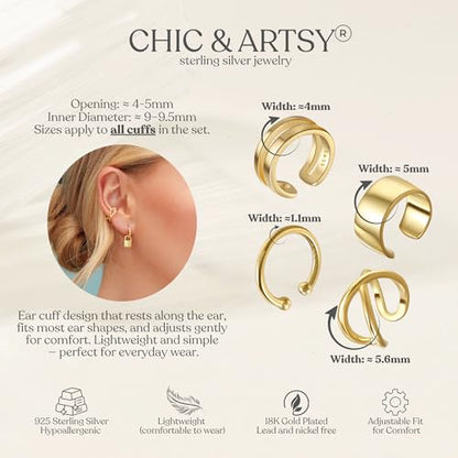 CHIC & ARTSY 925 Sterling Silver Ear Cuffs for Women, Non Piercing Clip On Cartilage Cuffs, Adjustable Fake Conch & Helix Earrings, Gold Plated & Oxidized Various Styles - color: ear cuff #5