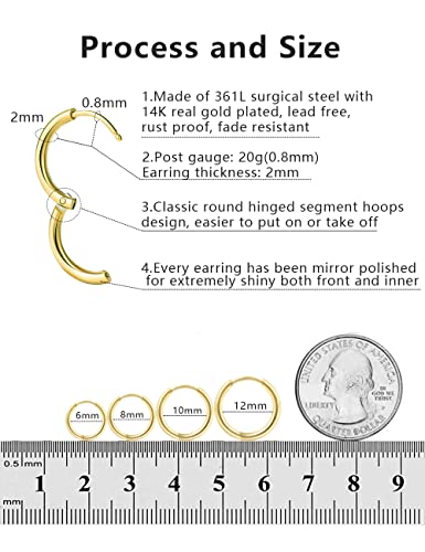 316L Surgical Stainless Steel Hoop Earrings,Mens Hoops Earrings Gold Silver Black Hypoallergenic,6mm 8mm 10mm 12mm Small Huggie Hoop Earrings Men Women for Cartilage Piercings - style: 6/8/10/12mm Golden,4 Pairs
